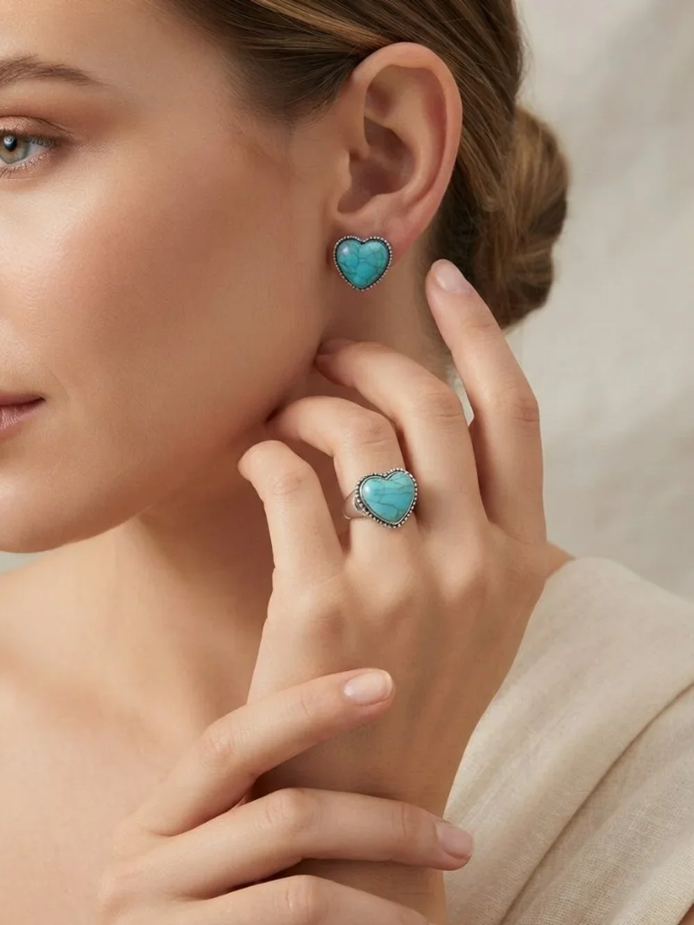 Boho Heart Turquoise Stone Ring and Earrings Set Silver Tone Fashion Jewelry